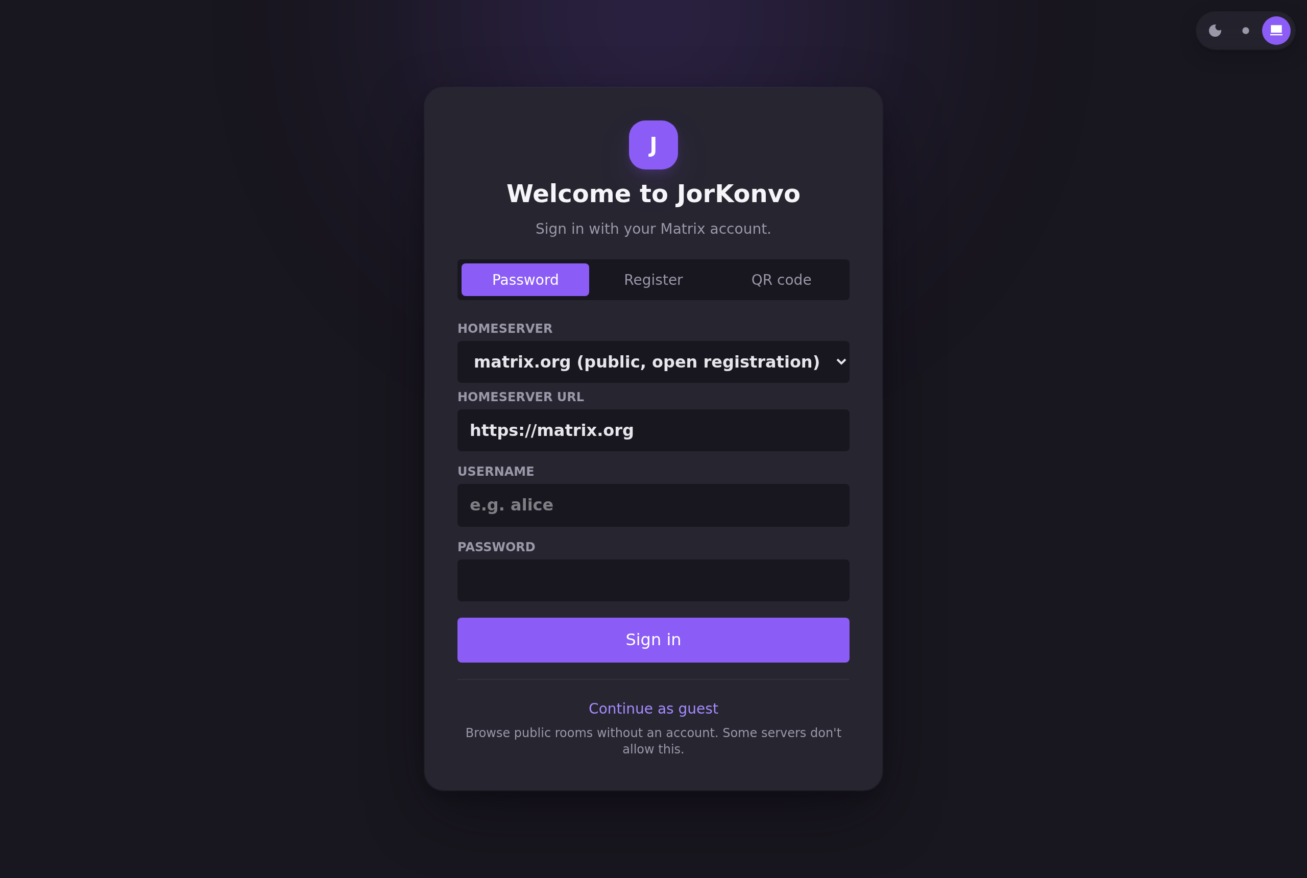 JorKonvo sign-in screen